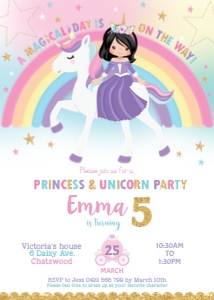 Princess and Unicorn Birthday Party Invitation Black Hair 1b - 5"x7" design preview