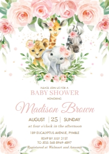 Blush Pink Floral Jungle Animals Baby Shower Invitation 5"x7" design preview