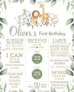 Jungle Animals Greenery 1st Birthday Milestone Sign 16"x20": Jungle Animals Greenery 1st Birthday Milestone Sign 16"x20"