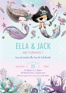 Mermaid and Pirate Birthday Invitation 5"x7": Mermaid and Pirate Birthday Invitation 5"x7"