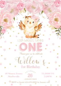 Blush Floral Owl Birthday Party Invitation 5"x7" design preview