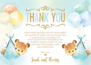 Cute Bear Twin Boys Balloons Thank You Card 5"x7": Cute Bear Twin Boys Balloons Thank You Card 5"x7"