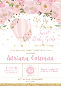 Blush Floral Hot Air Balloon Twins Baby Shower Invitation 5"x7": Blush Floral Hot Air Balloon Twins Baby Shower Invitation 5"x7"