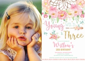 Boho Floral Young Wild & Three Birthday Photo Invitation 5"x7" design preview