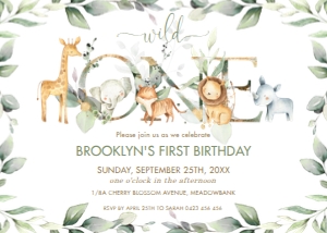 Chic Jungle Animals Greenery Wild One Birthday Invitation 5"x7" design preview