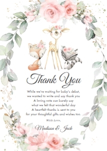 Woodland Soft Pink Floral Greenery Thank You Card 5"x7" design preview