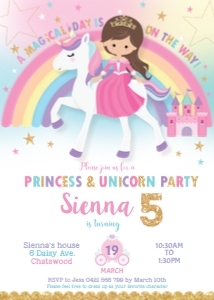 Princess and Unicorn Birthday Party Invitation 1d 5"x7" design preview