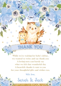 Owl Blue Floral Baby Shower Thank You Card 5"x7" design preview