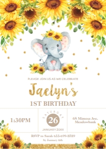 Elephant Sunflower Floral Birthday Invitation 5"x7" design preview