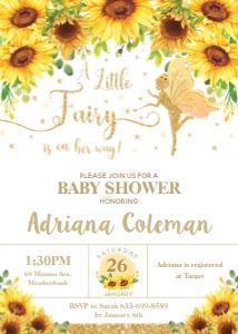 Sunflower Floral Fairy Baby Shower Invitation 5"x7": Sunflower Floral Fairy Baby Shower Invitation 5"x7"
