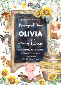 Cute Sunflower Farm Animals Invitation 5"x7": Cute Sunflower Farm Animals Invitation 5"x7"