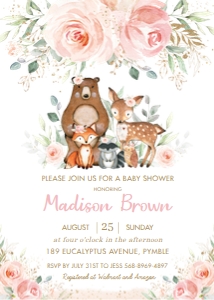 Blush Floral Woodland Animals Baby Shower Invitation 5"x7": Blush Floral Woodland Animals Baby Shower Invitation 5"x7"