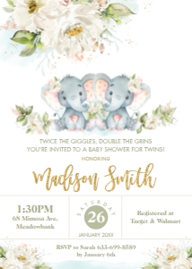 Ivory Floral Twin Girls Baby Shower Invitation 5"x7": Ivory Floral Twin Girls Baby Shower Invitation 5"x7"
