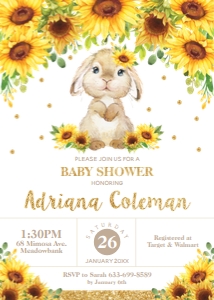 Bunny Sunflower Floral Baby Shower Invitation 5"x7" design preview