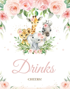 Blush Pink Floral Jungle Animals Sign 11"x14" Drinks: Blush Pink Floral Jungle Animals Signage Bundle