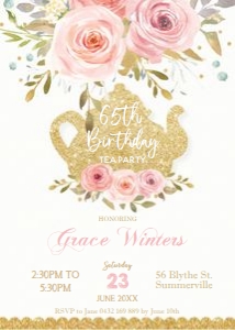 Pink Floral Birthday Tea Party Invitation 5"x7" design preview