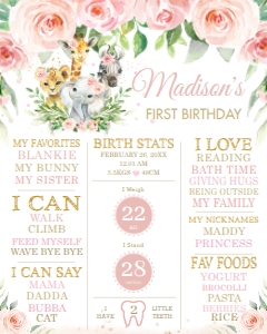 Jungle Animals Pink Floral Greenery 1st Birthday Milestone Sign 16"x20" design preview