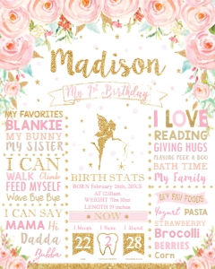 Blush Pink Floral Fairy 1st Birthday Milestone Sign 16"x20": Blush Pink Floral Fairy 1st Birthday Milestone Sign 16"x20"