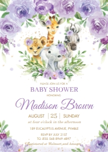 Purple Floral Jungle Animals Baby Shower Invitation 5"x7": Purple Floral Jungle Animals Baby Shower Invitation 5"x7"
