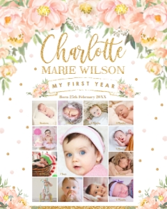 Peach Floral Baby's First Year Photo Collage 16"x20": Peach Floral Baby's First Year Photo Collage 16"x20"