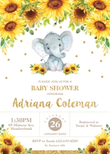 Elephant Sunflower Floral Blue Baby Shower Invitation 5"x7" design preview