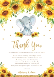 Elephant Sunflower Floral Baby Shower Blue Thank You Cards design preview