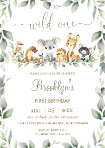 Chic Australian Animals Greenery Birthday Invitation 5"x7" design preview