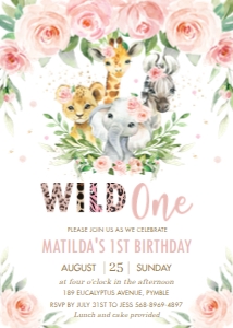 Blush Pink Floral Jungle Animals 1st Birthday Wild One Invitation 5"x7" design preview