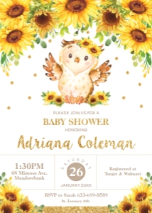 Owl Sunflower Floral Baby Shower Invitation 5"x7": Owl Sunflower Floral Baby Shower Invitation 5"x7"