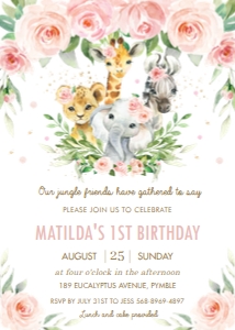 Blush Pink Floral Jungle Animals Birthday Party Invitation 5"x7": Blush Pink Floral Jungle Animals Birthday Party Invitation 5"x7"