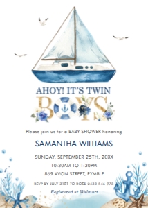 Nautical Ahoy It's Twin Boys Baby Shower Invitation 5"x7": Nautical Ahoy It's Twin Boys Baby Shower Invitation 5"x7"