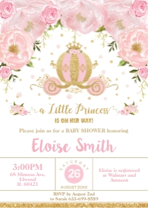 Blush Floral Princess Carriage Baby Shower Invitation 5"x7" design preview