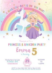 Princess and Unicorn Birthday Party Invitation Blonde - 5"x7": Princess and Unicorn Birthday Party Invitation Blonde - 5"x7"