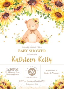 Teddy Bear Sunflower Floral Baby Shower Invitation 5"x7" design preview