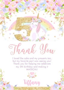 Floral Cute Rainbow Unicorn 5th Birthday Thank You Card 5"x7" design preview