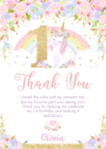 Floral Cute Rainbow Unicorn 1st Birthday Thank You Card 5"x7" design preview