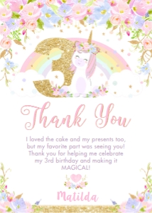 Floral Cute Rainbow Unicorn 3rd Birthday Thank You Card 5"x7" design preview