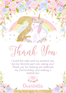Flora Cute Rainbow Unicorn 2nd Birthday Thank You Card 5"x7" design preview