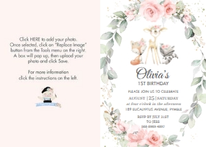 Woodland Soft Pink Floral Greenery Birthday Photo Invitation 5"x7" design preview