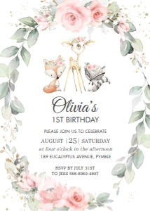 Woodland Soft Pink Floral Greenery Birthday Invitation 5"x7" design preview
