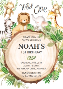 Rustic Greenery Jungle Animals Birthday Party Invitation 5"x7" design preview
