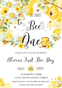 Cute Bumblebees Yellow Floral 1st Birthday Invitation design preview