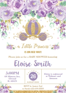 Purple Floral Princess Carriage Baby Shower Invitation 5"x7" design preview