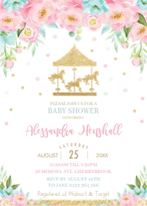 Pink and Mint Floral Carousel Baby Shower Invitation 5"x7" design preview