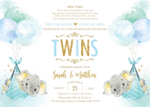 Elephant Twin Boys Balloons Blue Baby Shower by Mail Invitation 5"x7": Elephant Twin Boys Balloons Blue Baby Shower by Mail Invitation 5"x7"