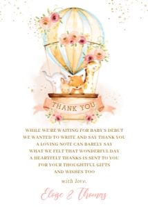 Vintage Floral Hot Air Balloon Animals Thank You Card HB8 - 5'x7" design preview