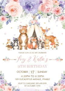 Blush Pink Purple Floral Woodland Animals WG18 Invitation 5"x7" design preview
