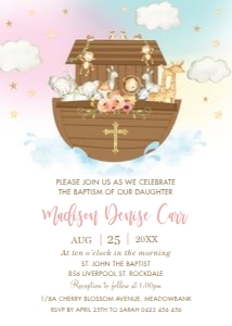 Noah's Ark Rainbow Pink Baptism Invitation 5"x7": Noah's Ark Rainbow Pink Baptism Invitation 5"x7"