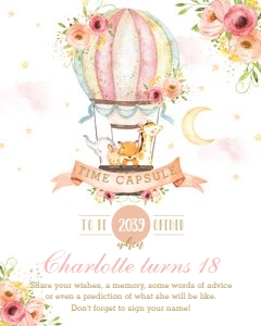 Hot Air Balloon Cute Animals Pink Time Capsule Sign 16"x20" design preview