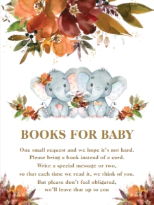 Autumn Floral Twins Elephant Boy Girl Enclosure Card 3"x4": Autumn Floral Twins Elephant Boy Girl Invitation Bundle